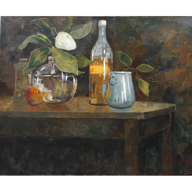 Bodegón oscuro, acrílico sobre tela 81x100 cm.