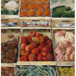 Frutas, acrílico collage sobre tela 80x80 cm.