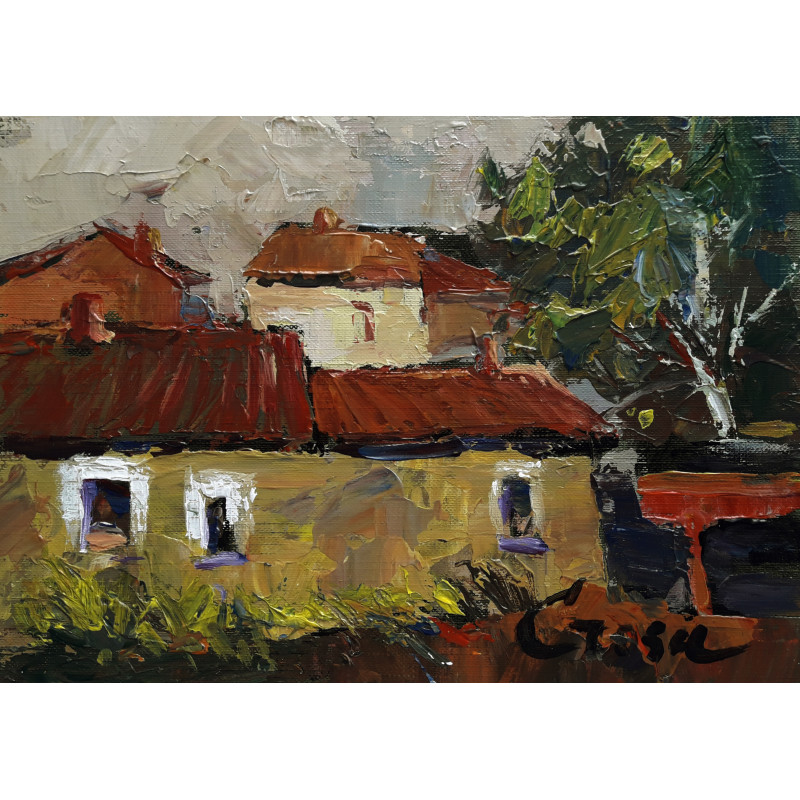 110-Montoliu (Lleida), acrílico cartró de paspertout preparado 16x22 cm.