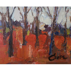 237-BOSQUE ROJO, acrílico sobre superficie consistente y estable, 22x27 CM